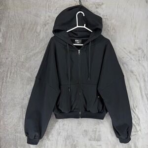 POPFLEX Womens Black Zip Up Cropped Hoodie Oversized Fleece Sweatshirt S/M